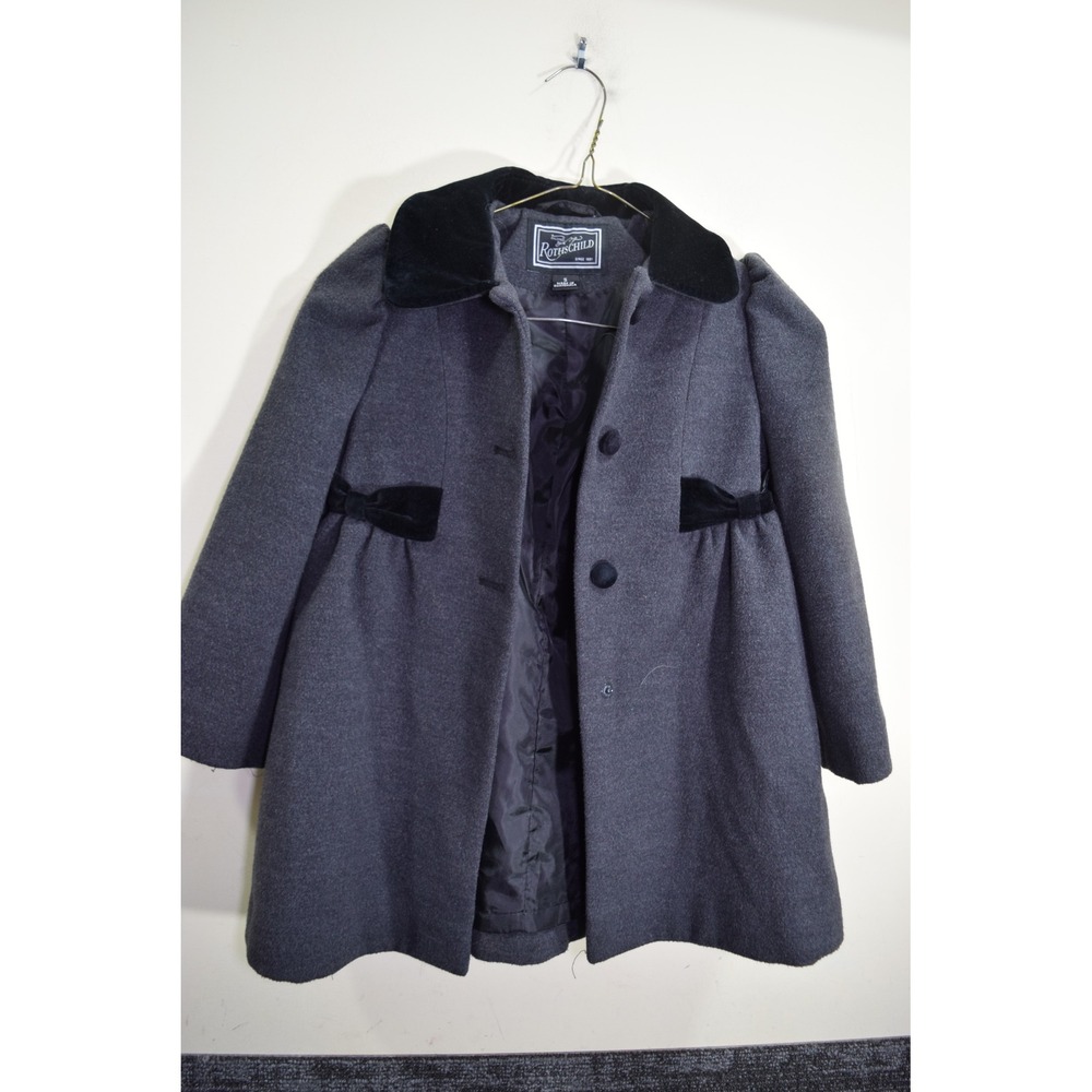 2015 Rothschild Girls Grey Wool Blend Dress Coat Velvet Trim Bows Size 5 55321